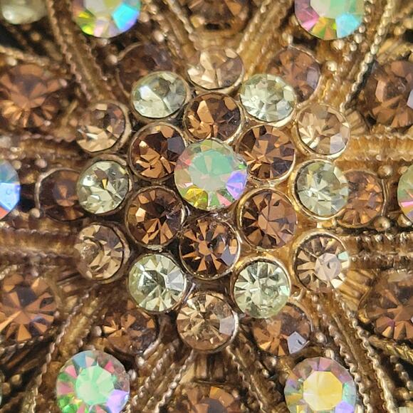 Starburst Brooch Pin Gold Tone Brown and White Rhinestones - Picture 8 of 9